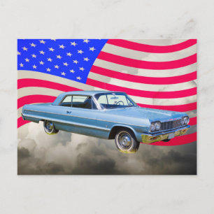 Carte Postale Voiture Chevrolet Impala 1964 Et Drapeau Américain