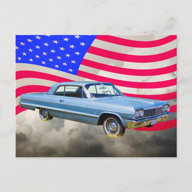 Carte Postale Voiture Chevrolet Impala 1964 Et Drapeau Américain (Devant)