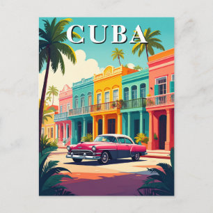 Carte Postale Voiture Cuba vintage et rue coloniale colorée