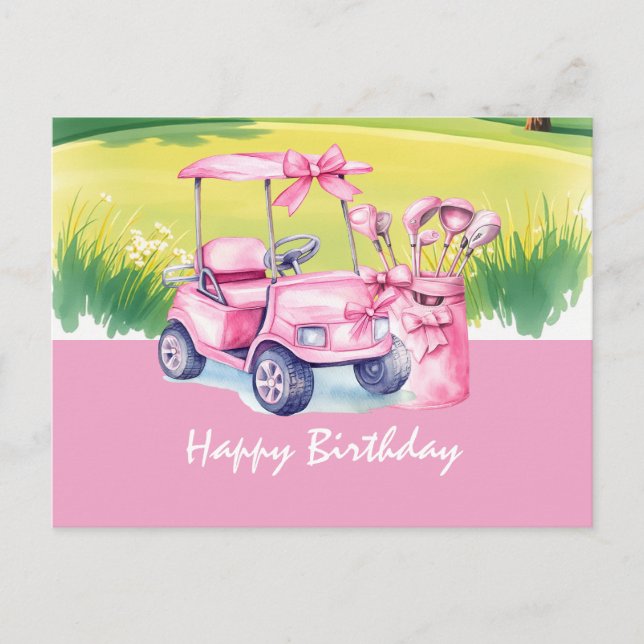Carte Postale Voiture de golf avec golfeuse Joyeux Anniversaire (Devant)