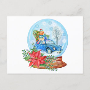 Carte Postale Voiture de Noël Vintage, Poinsettia Snow Globe