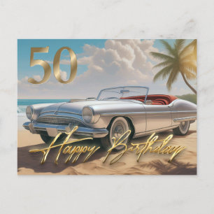 Carte Postale Voiture de sport vintage sur une plage tropicale J