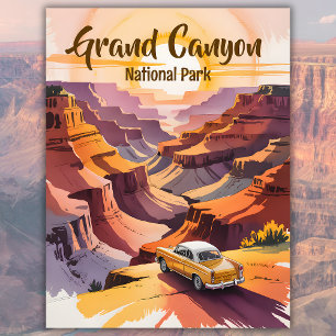 Carte Postale Voiture de voyage Retro Grand Canyon Watercolor Ro