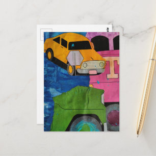 Carte Postale Voiture jaune rose et camion vertcollage multimédi
