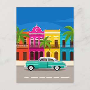Carte Postale Voiture rétro et bâtiments coloniaux colorés Cuba