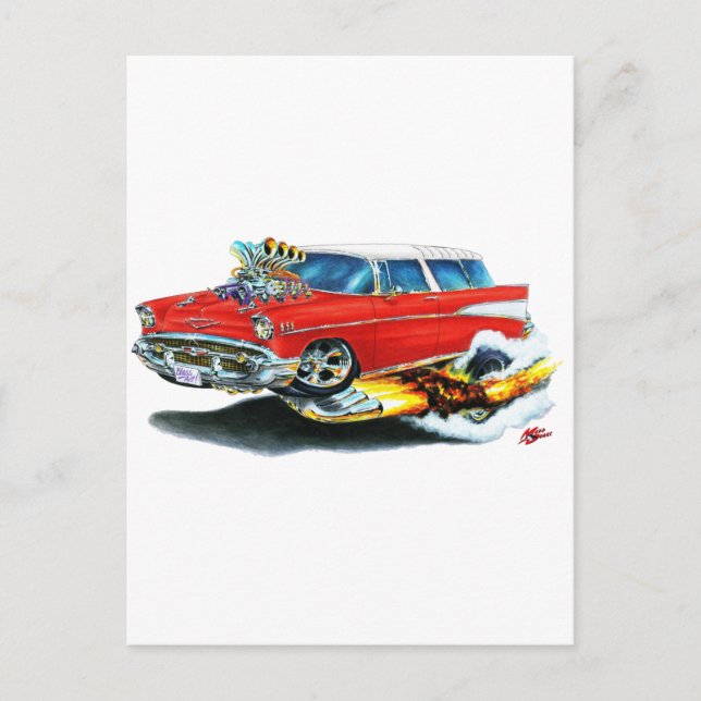 Carte Postale Voiture rouge Chevy Nomad 1957 (Devant)