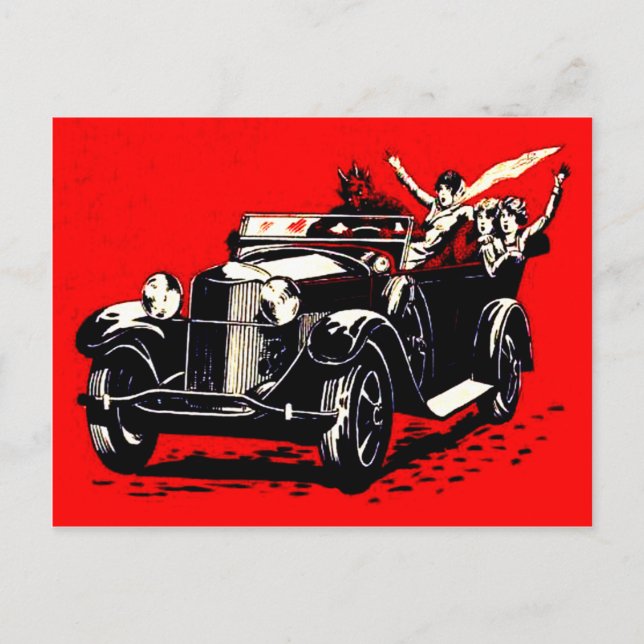Carte Postale Voiture rouge de Krampus enlevant des femmes (Devant)