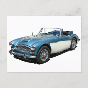 Carte Postale Voiture sport Austin Healey 3000 bleu et blanc