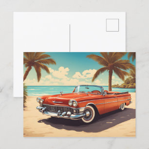 Carte Postale Voiture vintage à la plage avec planche de surf