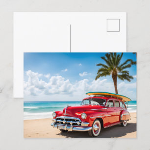 Carte Postale Voiture vintage à la plage avec planche de surf