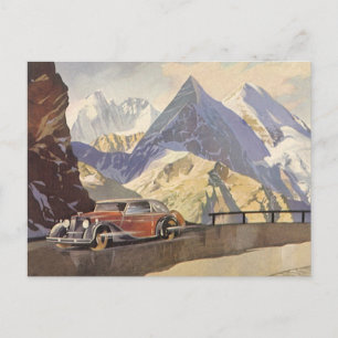 Carte Postale Voiture Vintage sur Mountain Road en hiver avec ne