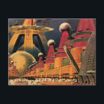 Carte Postale Voiture volant vintage de science fiction futurist<br><div class="desc">illustration vintage image de science-fiction voyage et transport avec un livre classique retro sci fi milieu urbain avec une ville de l'avenir. Les bâtiments architecturaux sont en forme de cônes et les véhicules volent dans le ciel comme des oiseaux tandis que la foule se déplace à travers la métropole.</div>