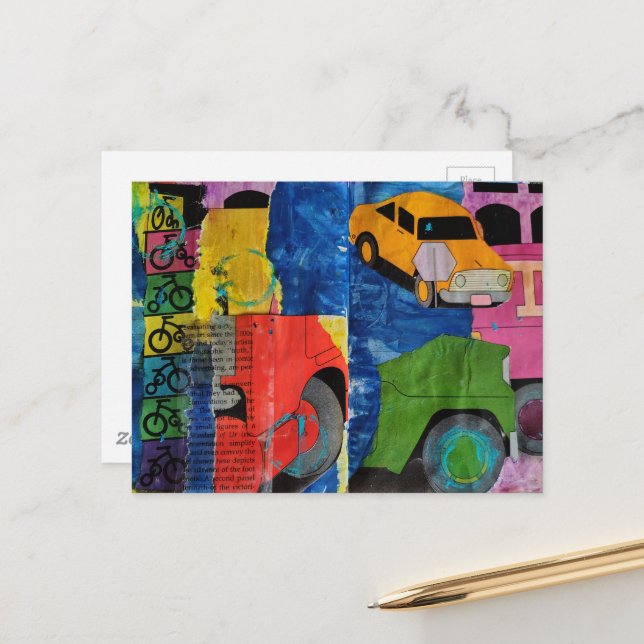 Carte Postale Voitures et camions collage multimédia  (Devant/Arrière en situation)