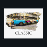 Carte Postale *~* Voitures rétro Vintage Antique Colorful Classi<br><div class="desc">CARTE POST POSTCARD - VOITURES CLASSIQUES - Peintures de style Grunge - PERSONNALISER LE TEXTE SI VOUS LE SOUHAITEZ. ARRIÈRE - PLAN BLANC. Energetiquement Amélioré Retro Classic Vintage Antique voitures colorées, Auto, AutomobilesUne rangée entière de voitures très colorées sont alignés et font un tel affichage coloré. Ce serait un grand...</div>