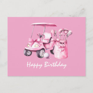 Carte Postale Voiturette de golf avec golfeuse femme Joyeux Anni