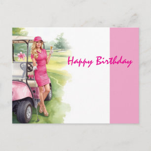 Carte Postale Voiturette de golf avec golfeuse Joyeux Anniversai