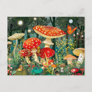 Carte Postale Voler Les Champignons Agariques Sous Plein Lune