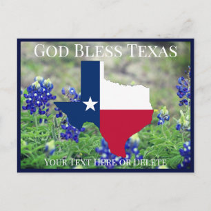 Carte Postale Votre texte/couleur Dieu bénit le Texas Drapeau &