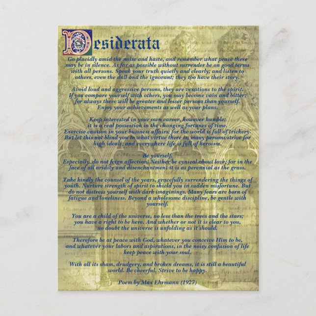 Carte Postale Votre texte/couleur Inspiration Gold Desiderata Po (Devant)