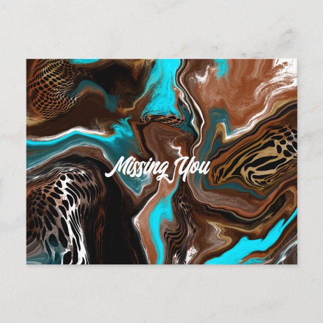 Carte Postale Vous avez manqué | Marbre Brown et bleu Fluid Art (Devant)