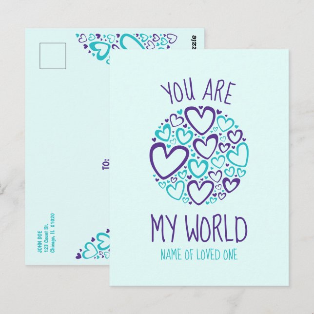 Carte Postale Vous êtes mon monde Cœurs bleus violets pour un êt (Devant / Derrière)