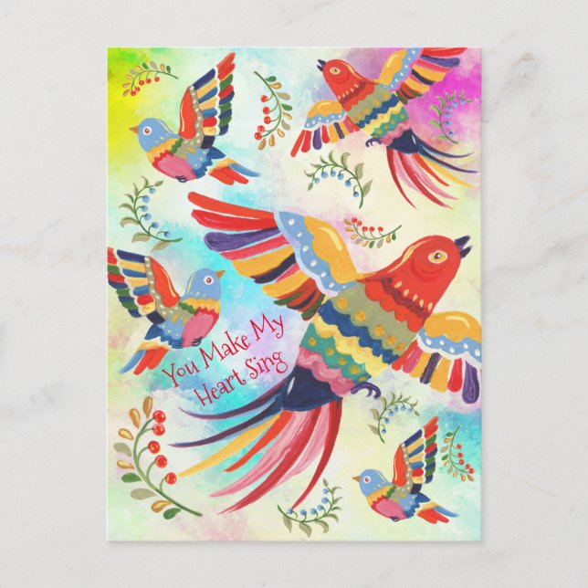 Carte Postale Vous faites chanter mon cœur Folk Art Oiseaux Tie  (Devant)