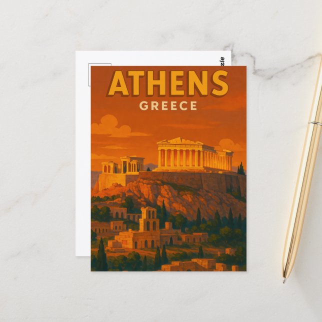 Carte Postale Voyage à Athènes Grèce Rétro (Devant/Arrière en situation)