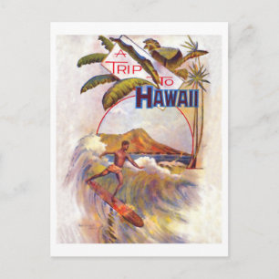 Carte Postale Voyage à Hawaii, surf sur une grande vague, vintag