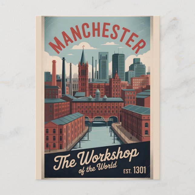 Carte Postale Voyage à Manchester, Angleterre, dans un style rét (Devant)