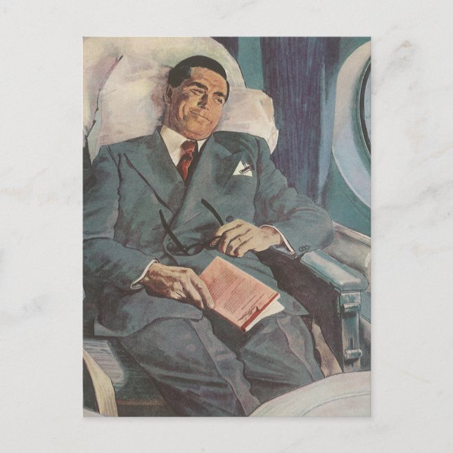 Carte Postale Voyage d'affaires vintage, lecture sur l'avion (Devant)