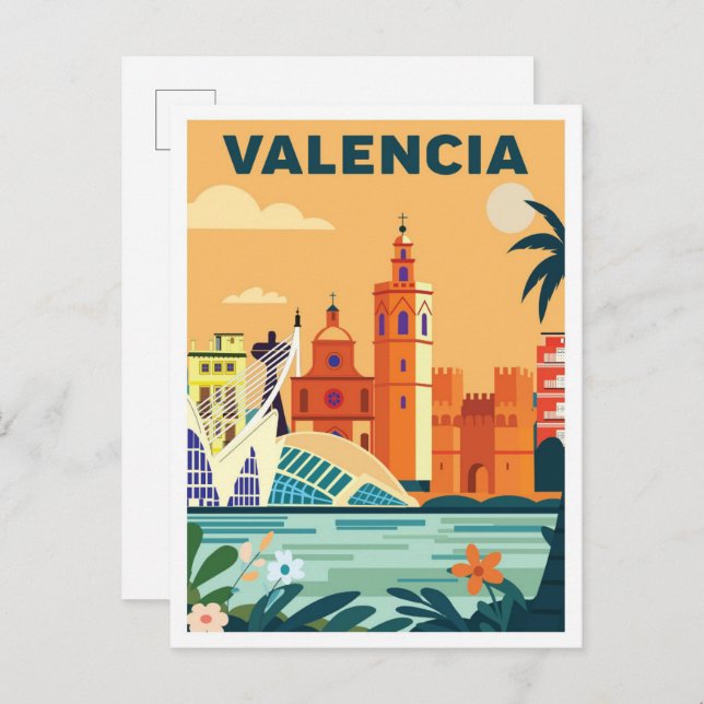 Carte Postale Voyage d'illustration Vintage Valencia Espagne (Devant / Derrière)