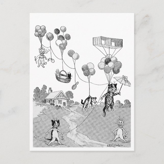 Carte Postale Voyage en ballon chat, Louis Wain (Devant)