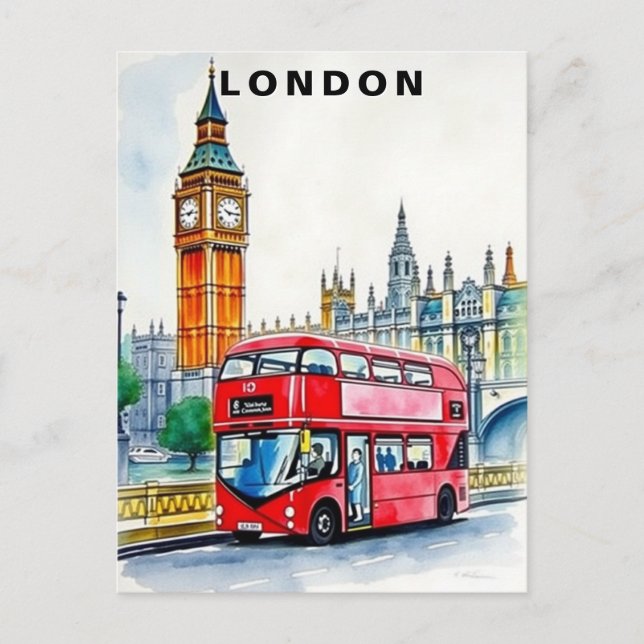 Carte Postale Voyage en bus à Londres au Royaume-Uni aquarelle (Devant)
