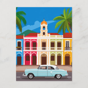Carte Postale Voyage en voiture rétro et maisons coloniales colo