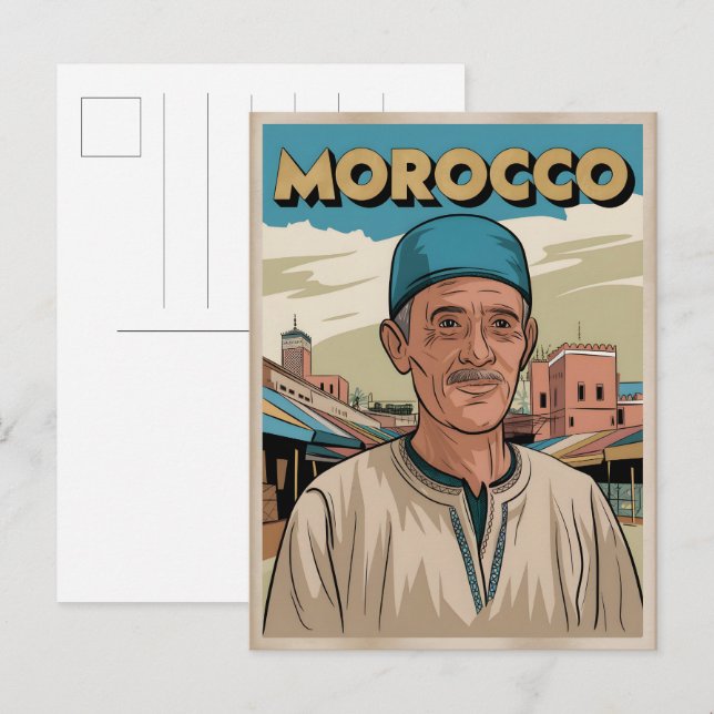 Carte postale voyage Maroc avec cadeau homme local (Devant / Derrière)