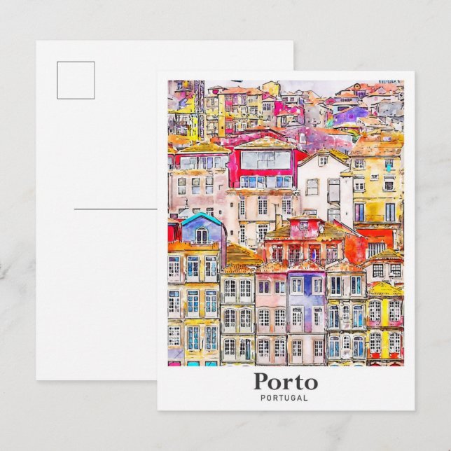 Carte Postale Voyage Porto Portugal Aquarelle Dessinée à la Main (Devant / Derrière)