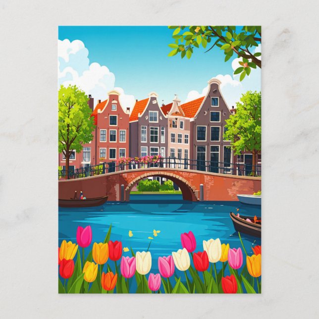 Carte Postale Voyage Rétro Amsterdam avec Tulipes (Devant)