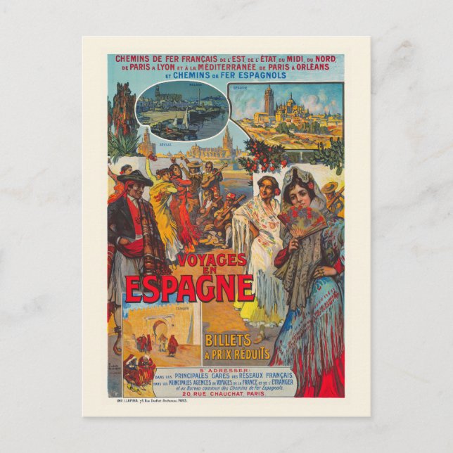 Carte Postale Voyages en Espagne Poster vintage 1920 (Devant)