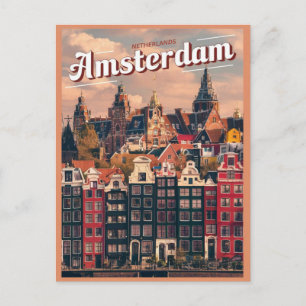 Carte Postale Voyagez à Amsterdam maisons colorées cadeaux vinta