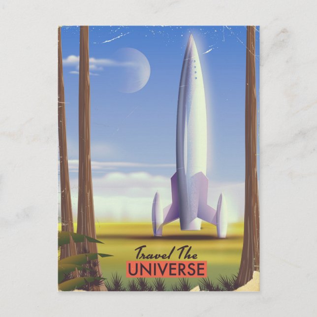 Carte Postale Voyagez dans l'Univers, art rétro de l'espace. (Devant)