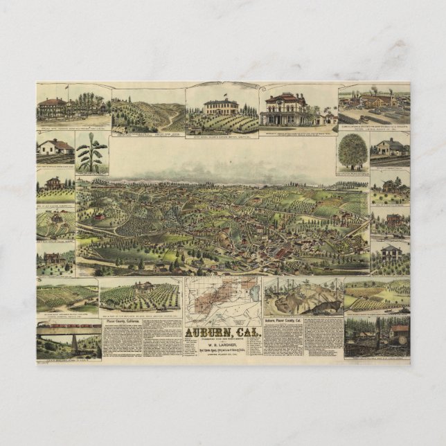 Carte Postale Vue aérienne d'Auburn, Californie (1887) (Devant)