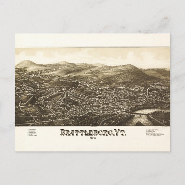 Carte Postale Vue aérienne de Brattleboro, Vermont (1886) (Devant)