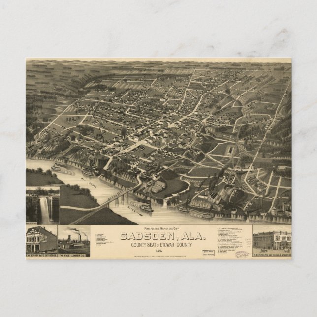 Carte Postale Vue aérienne de Gadsden, Alabama (1887) (Devant)