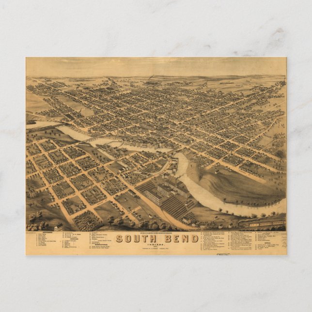Carte Postale Vue aérienne de South Bend, Indiana (1874) (Devant)