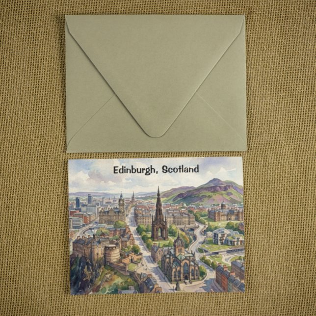 Carte Postale Vue de la ville d'Édimbourg en Écosse à l'aquarell (Minimal Edinburgh Scotland City View Watercolor Postcard)