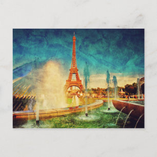 Carte Postale Vue de Paris peinture avec eiffel Tour et fontaine