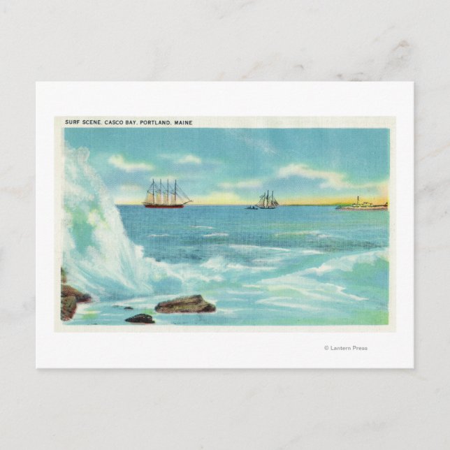 Carte Postale Vue d'une scène de Surf, Navires sur Casco Bay (Devant)