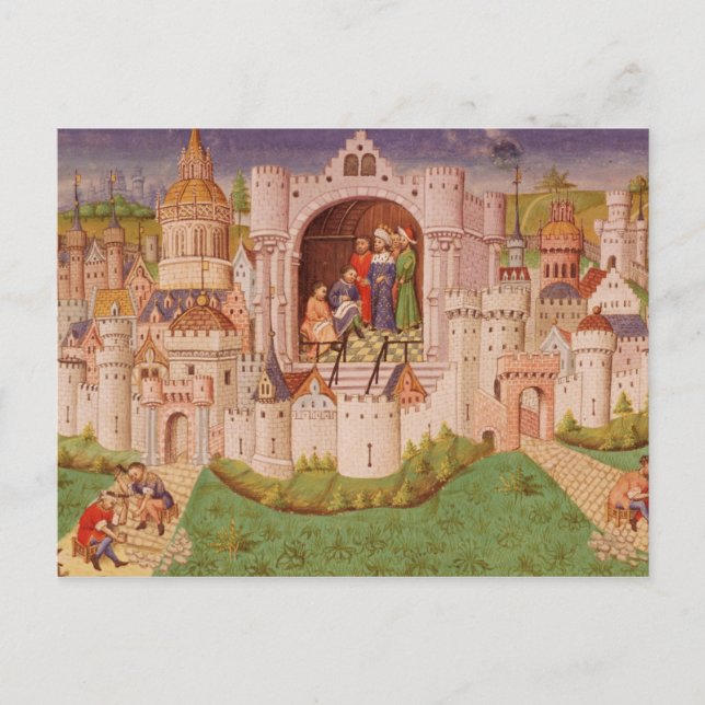 Carte Postale Vue d'une ville avec des ouvriers pavant des route (Devant)