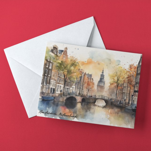 Carte Postale Vue panoramique d'Amsterdam Pays-Bas Watercolor (amsterdam netherlands watercolor travel postcard)
