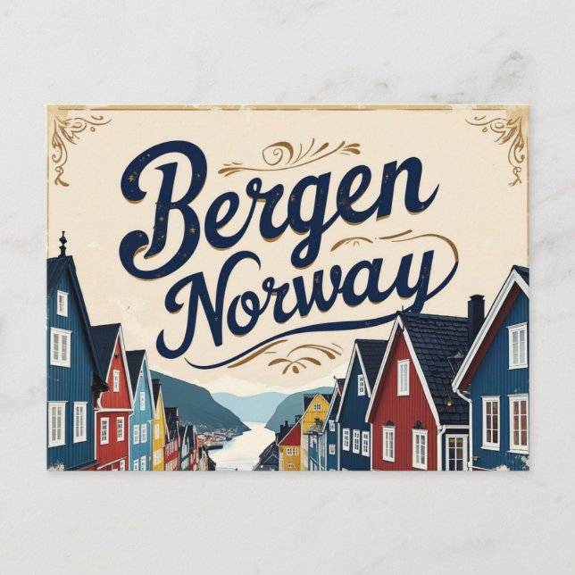 Carte Postale Vue rétro du port de Bergen (Devant)